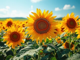 Fototapeta premium Sunflower field with blue sky in the background, summer time nature landscape. Closeup of sunflowers. Beautiful sunflower meadow, sunny day. Yellow flowers. Nature's beauty