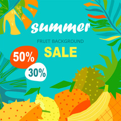 Summer sale background with tropical fruits and monstera and palm leaves. Square abstract template on blue background. For advertising, placement in social networks, banner. Vector illustration.