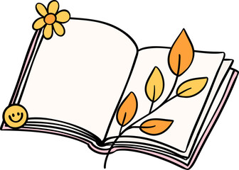 Groovy retro autumn book hippie cartoon doodle playful and vibrant fall season illustration.