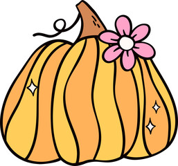 Groovy retro autumn pumpkin hippie cartoon doodle playful and vibrant fall season illustration.
