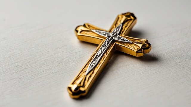 gold cross on plain white background for banner background copy space