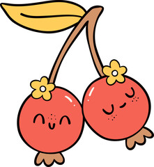 Groovy retro autumn cherries leaf hippie cartoon doodle playful and vibrant fall season illustration.