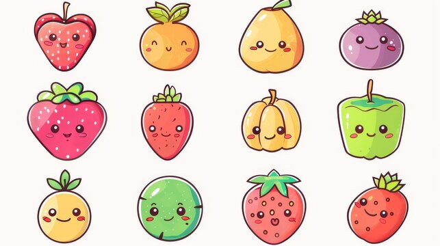 Isolated Emoji Fruit Icons On White Background. Cartoon Fruits Isolated On White. Modern Illustration.