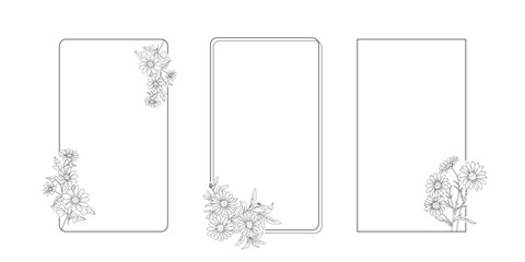 Daisy flower story border frame line art on white background. Silhouette botanical hand drawn element for wedding, invitation frame design, vector illustration