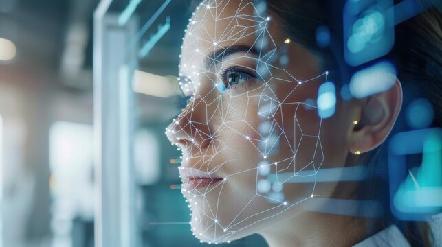 A beauty technician using 3D mapping technology to analyze a client's face, contemporary clinic with a professional atmosphere, neutral color scheme, high-tech focus. 