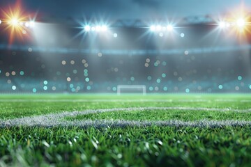 A detailed of a contemporary football arena, featuring a lush green field and a backdrop of blurred fans, the entire scene lit by powerful stadium lights, highlighting the thrill