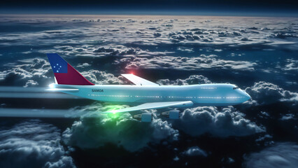 Commercial Airliner Passanger Plane Jumbo Jet Flying at Night over Clouds with Country Flag Samoa