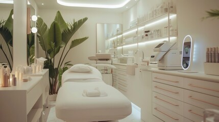 A beauty technician using smart devices for a facial treatment, high-end beauty clinic, clean and elegant decor, neutral color scheme, showcasing advanced technology. 