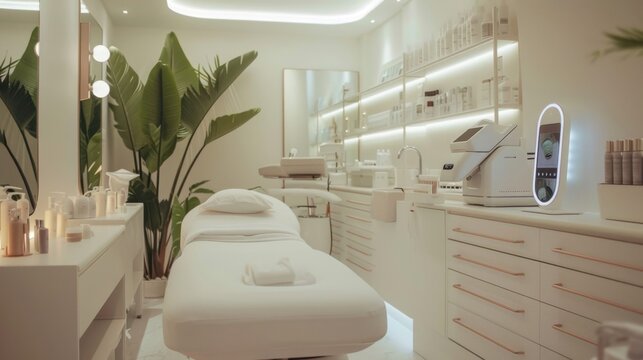 A beauty technician using smart devices for a facial treatment, high-end beauty clinic, clean and elegant decor, neutral color scheme, showcasing advanced technology. 