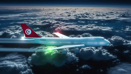 Fototapeta premium Commercial Airliner Passanger Plane Jumbo Jet Flying at Night over Clouds with Country Flag Tunisia