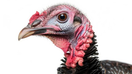 Close-up of a dark turkey's head, isolated on a white background, showing details