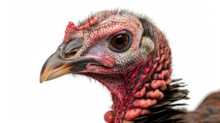 Close-up of a dark turkey's head and upper body, isolated on a white background