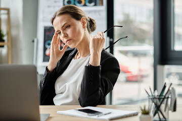 A woman sits at a desk with her eyes closed, finding peace in the midst of stress.