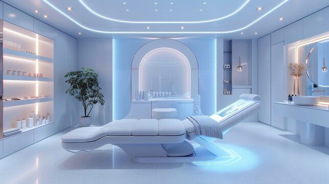 A client having a holographic beauty consultation, ultra-modern beauty clinic, minimalist and sophisticated design, cool blue and white theme, emphasizing innovation. 