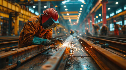 A team of workers welding steel beams, each playing a crucial role in constructing the building's framework at the construction site.