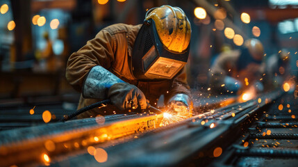 A team of workers welding steel beams, each playing a crucial role in constructing the building's framework at the construction site.
