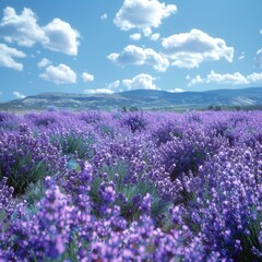 Naklejka premium Serene Lavender Field Under Clear Blue Sky with Scattered Clouds - Idyllic Countryside Landscape