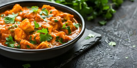 Popular Indian dish Paneer butter masala a flavorful and creamy curry. Concept Paneer Butter Masala Recipe, Indian Cuisine, Creamy and Flavorful Curry, Vegetarian Delight, Popular Dish