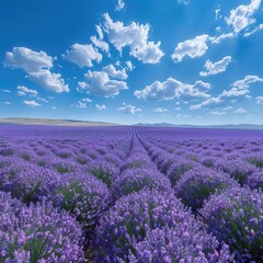 Serene Lavender Field Under Clear Blue Sky with Scattered Clouds - Idyllic Rural Landscape Photography