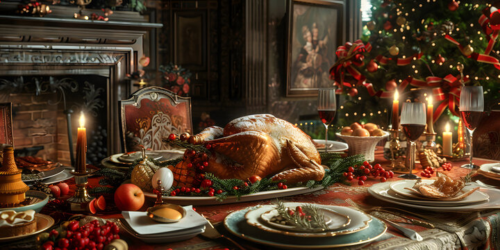 Cena de navidad de un pavo relleno con condimentos en una elegante casa decorada por la festividad