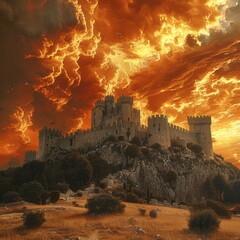 Fototapeta premium Enigmatic Old Castle on Hilltop with Dramatic Clouds - Historical and Mysterious Landscape View