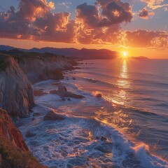 Majestic Coastal Sunset with Cliffs, Waves, and Dramatic Cloudy Sky
