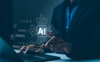 Chat with AI or Artificial Intelligence technology. Man touching chatting virtual with an...