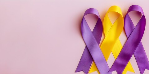 Campaign raises awareness for endometriosis and cervical cancer with yellow and purple ribbons. Concept Endometriosis Awareness, Cervical Cancer Awareness, Yellow Ribbon Campaign
