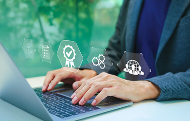 Standard quality control certification assurance guarantee concept. Business person working with...