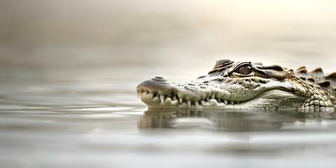 Fototapeta premium Artistic image of Nile crocodile in water jaws open scales visible. Concept Wildlife Photography, Reptiles, Animal Behavior, Nature Close-Up, Aquatic Ecosystems