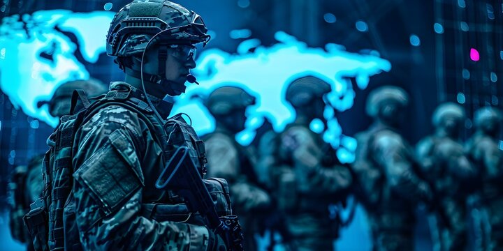 Soldiers in digital networks globally engaged in cyber warfare for control. Concept Cyber Warfare, Global Networks, Soldiers, Control, Digital Engagement