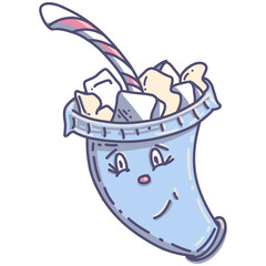 Illustration of summer drinks and ice cream in different glasses with emotions on them. Gold drink to go. Drink character.