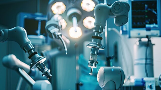 Robot arms performing surgery on knee joint, representing healthcare advancements