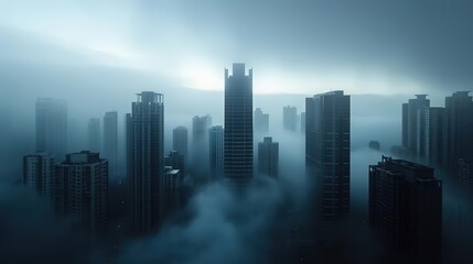 Fototapeta premium Moody foggy cityscape at dawn