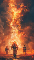 Fototapeta premium personify a flame towering over fire fighters.generative ai