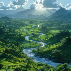 Serene Lush Green Valley with River and Layered Clouds in 16:9 Ratio - Scenic Landscape Nature Background