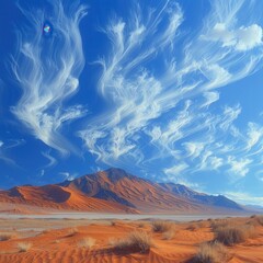 Naklejka premium Tranquil Desert Landscape with Rolling Dunes and Cirrus Clouds in Vast Sky