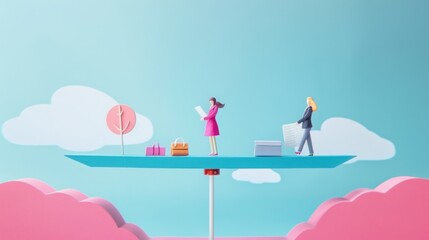 Tiny people balancing on a seesaw with work and personal items, with a copy space in the sky or ground
