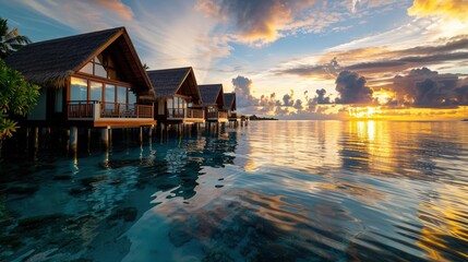 Fototapeta premium Serene Maldives overwater bungalows at sunset