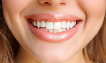 Fototapeta premium Closeup Smiling Woman Before and After Teeth Whitening Procedure Showing Bright White Teeth, Daytime, Natural Look