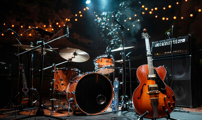 Concert Stage with Musical Instruments Including Guitar and Drums Under Warm Lighting, Ready for Live Performance at Night, Festive Ambiance with String Lights