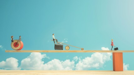 Tiny people balancing on a seesaw with work and personal items, with a copy space in the sky or ground