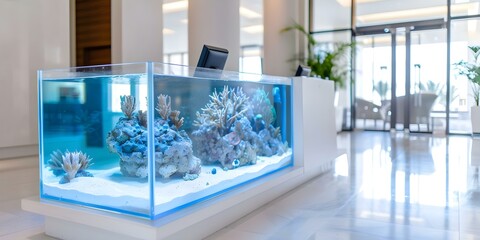 Contemporary hotel lobby with an aquarium as a focal point. Concept Hotel Lobby Design, Contemporary Interior, Aquarium Focal Point