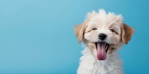 Playful puppy with tongue out and winking eye on blue background. Concept dog photography, playful pets, cute animals, blue background, expressions and poses