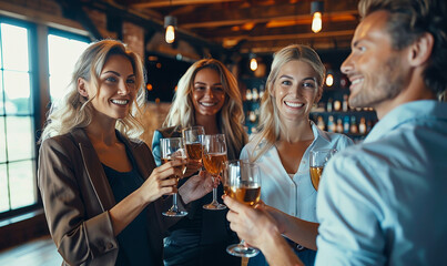 Business Team Toasting with Drinks in Rustic Setting, Team Building, Diverse Business People Celebrating in Formal Wear, Daytime Gathering, Excited Colleagues Creating Memories