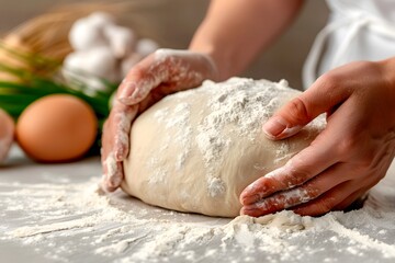 Fototapeta premium Close Up Friends Kneading Dough in Modern Kitchen with Copy Space