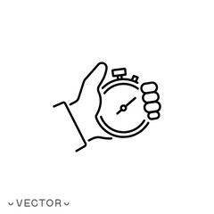 stopwatch in hand, testing time icon, instant unit, check quick, thin line symbol isolated on white background, editable stroke eps 10 vector illustration