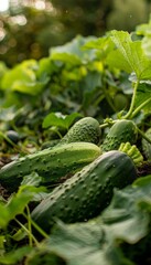 Backyard Garden Harvest with Fresh Cucumbers for Pickling Surrounded by Lush Greenery
