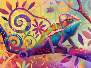 Obraz premium a vibrant chameleon with cartoonish features perched on a colorful banner its eyes wide and playful pastel background with swirling patterns