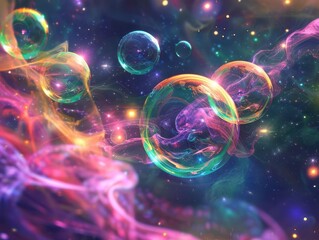 abstract desktop wallpaper with swirling galaxy of vibrant soap bubbles floating through prismatic mist set against deep space backdrop with nebulae